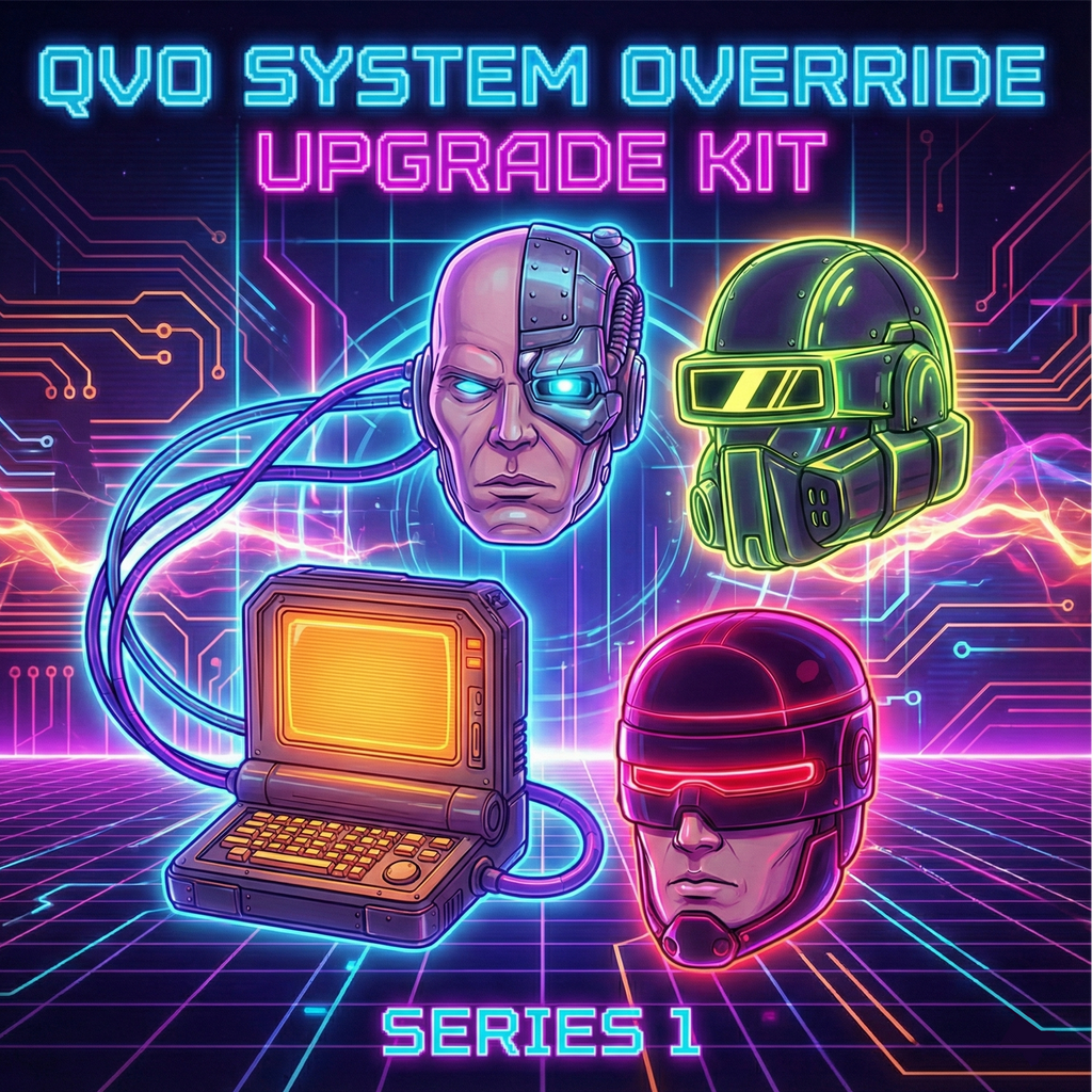 Promotional graphic for a 'QVO System Override Upgrade Kit' with futuristic design elements.